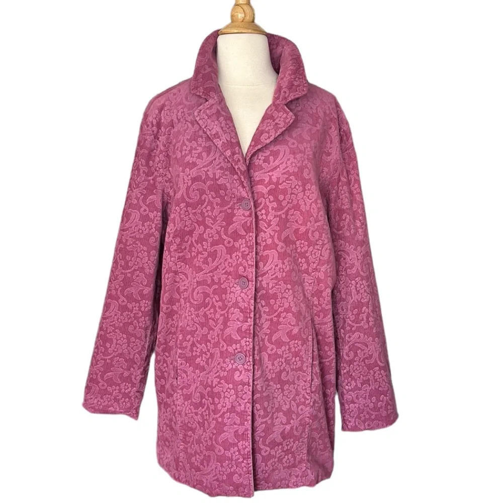DENIM & Co. Orchid Corduroy Barn Coat Chore Jacket Floral Jacquard Lined Size XL